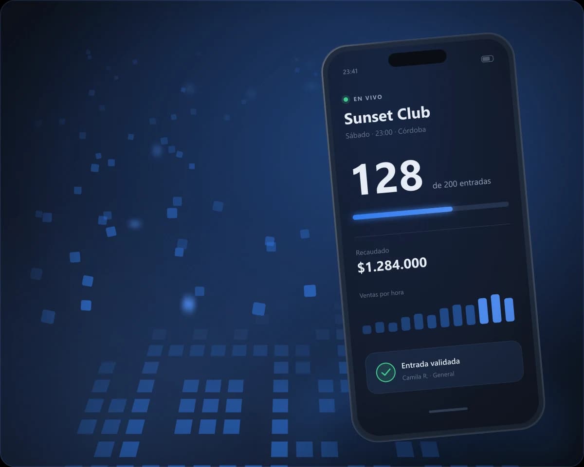 El panel de un evento en el celular: 128 de 200 entradas vendidas, $1.284.000 recaudados y una entrada recién validada en la puerta.